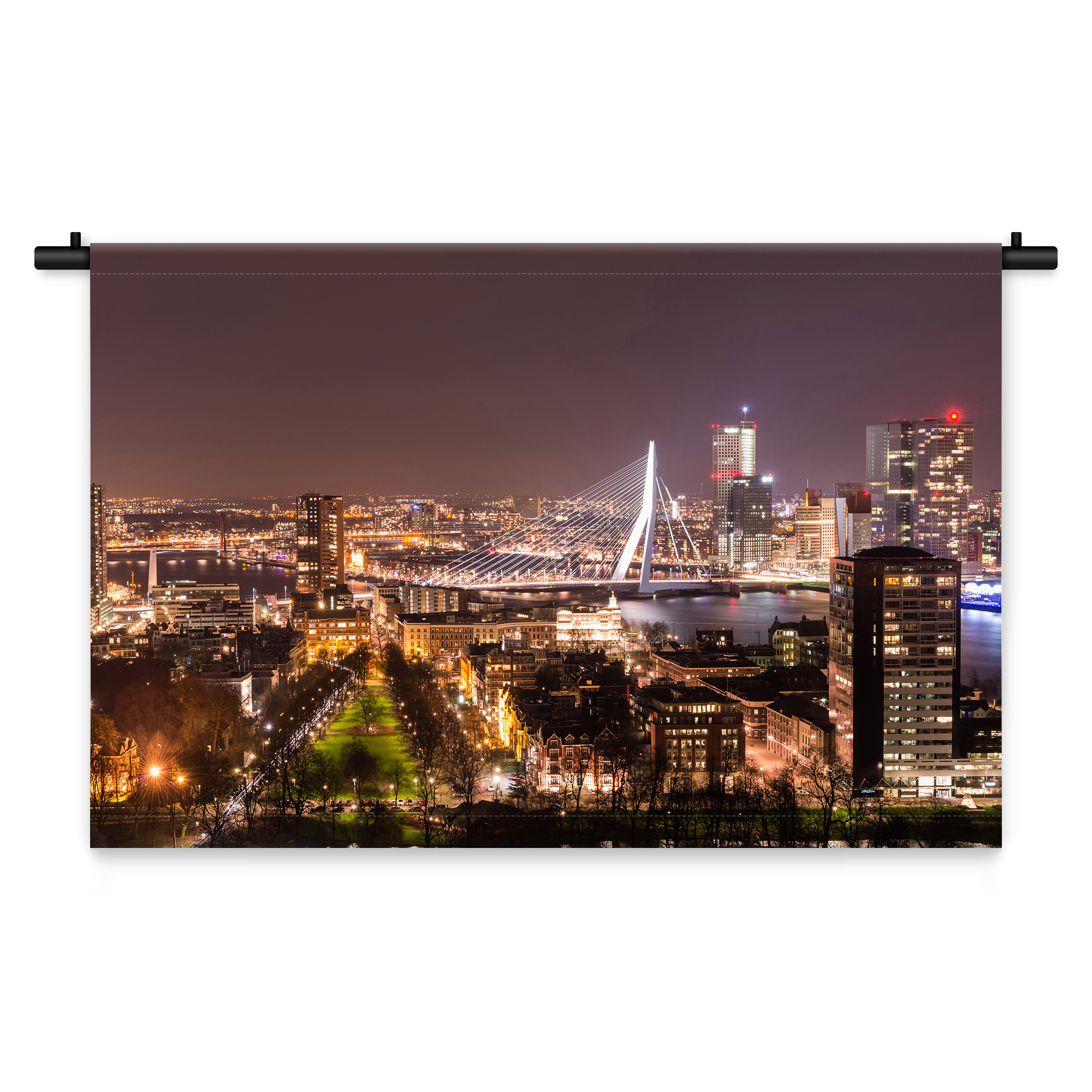 Wandkleed Skyline van Rotterdam in de avond gezien. 180 x 120 cm