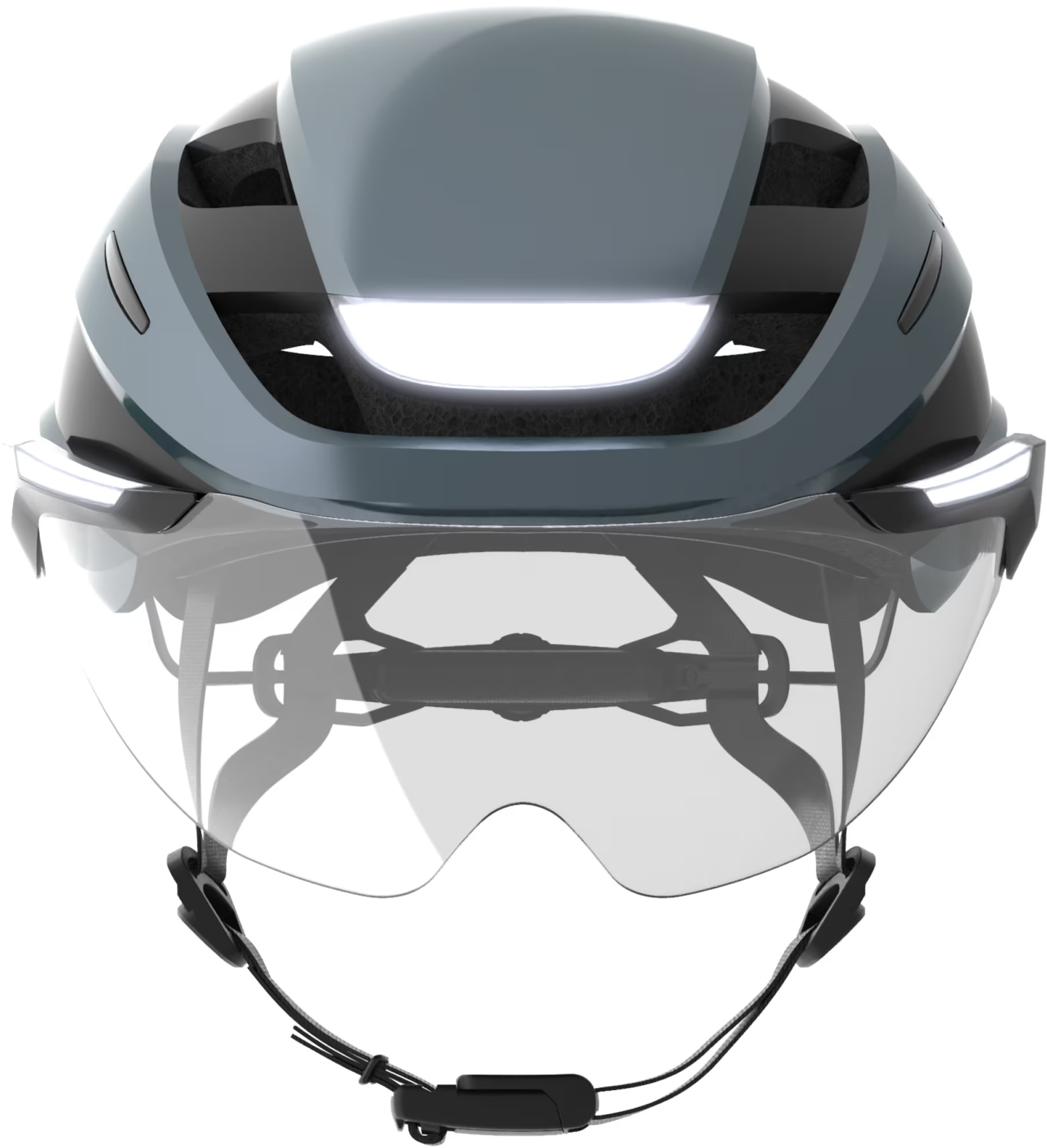(Gr. M/L) Ultra E-Bike Verstellbarer Fahrrad Helm Velo Kopf Schutz mit Front- und Rücklicht / Blinkerfunktion / Visier - Blau