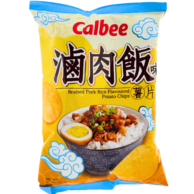 Calbee Gestoofde Varkensvleesrijstchips 68 g
