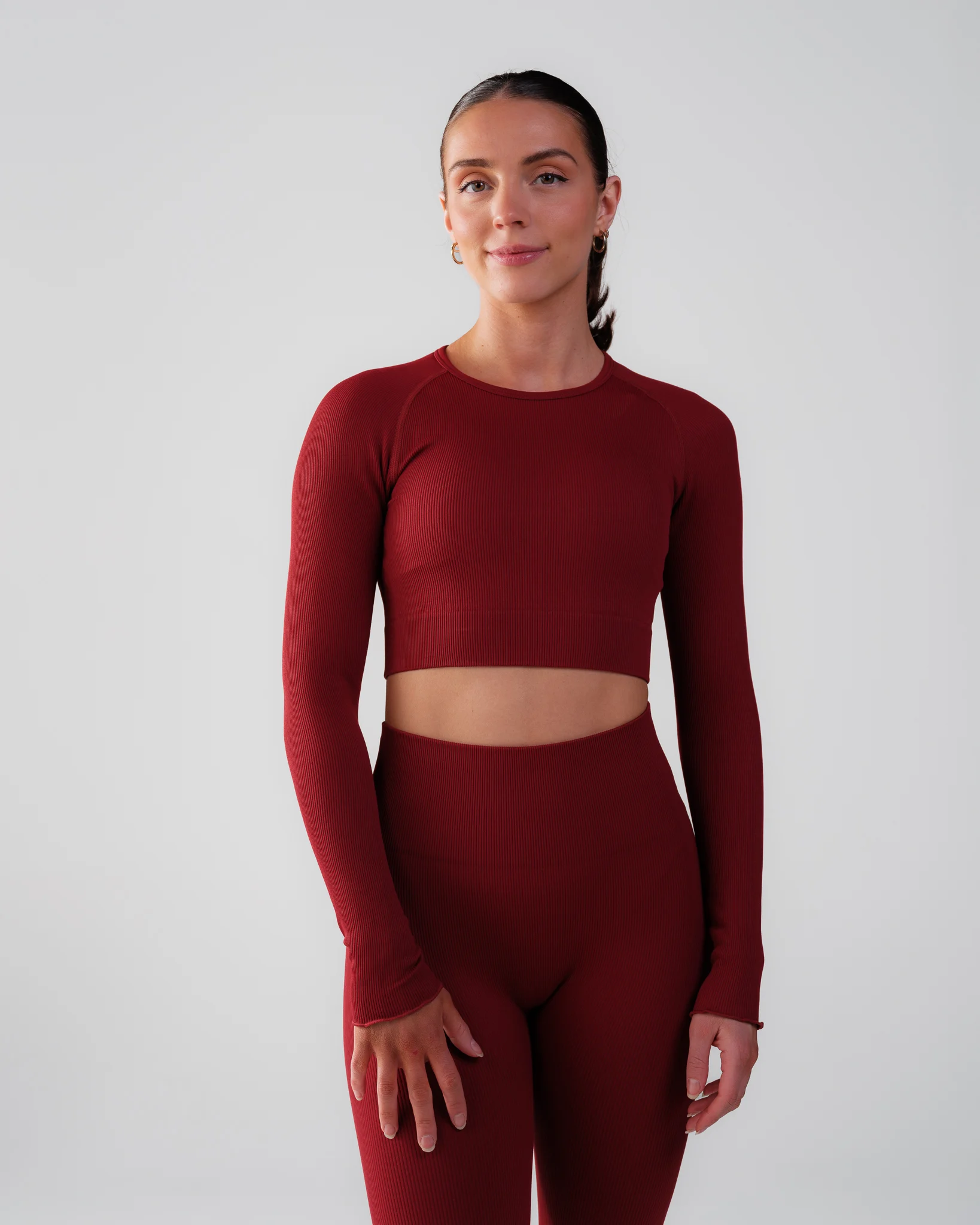 Bumpro Perfect Rib Frill Crop Long Sleeve Wine