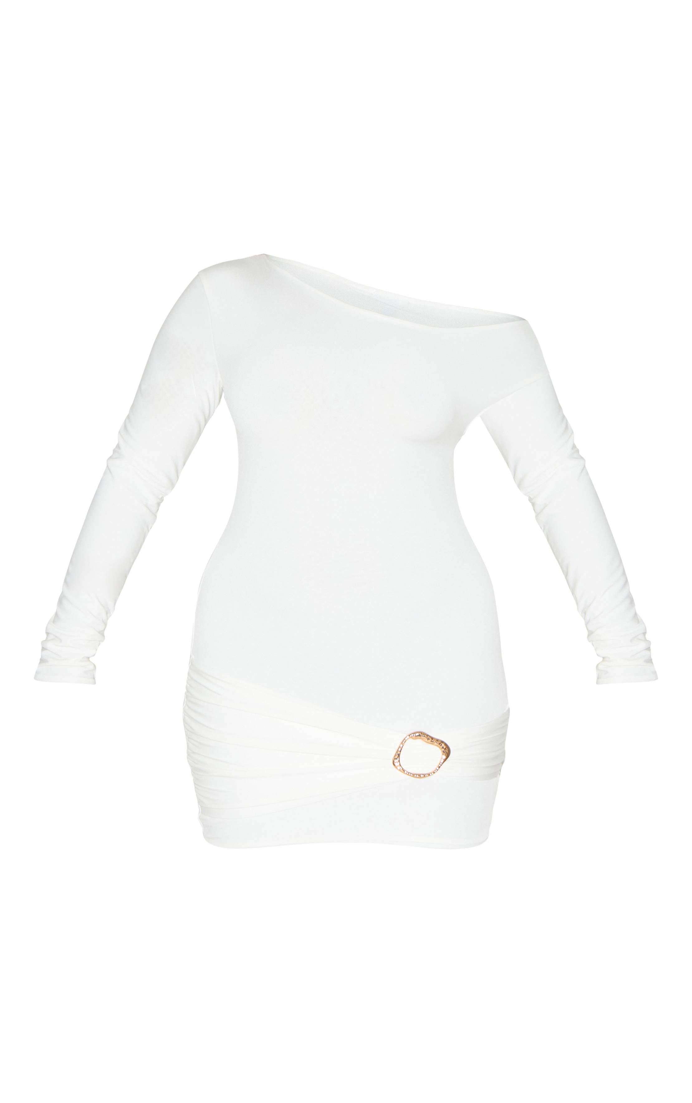 Blanc Robe Moulante Mini À Épaules Dénudées Manches Longues Avec Finitions Dorées