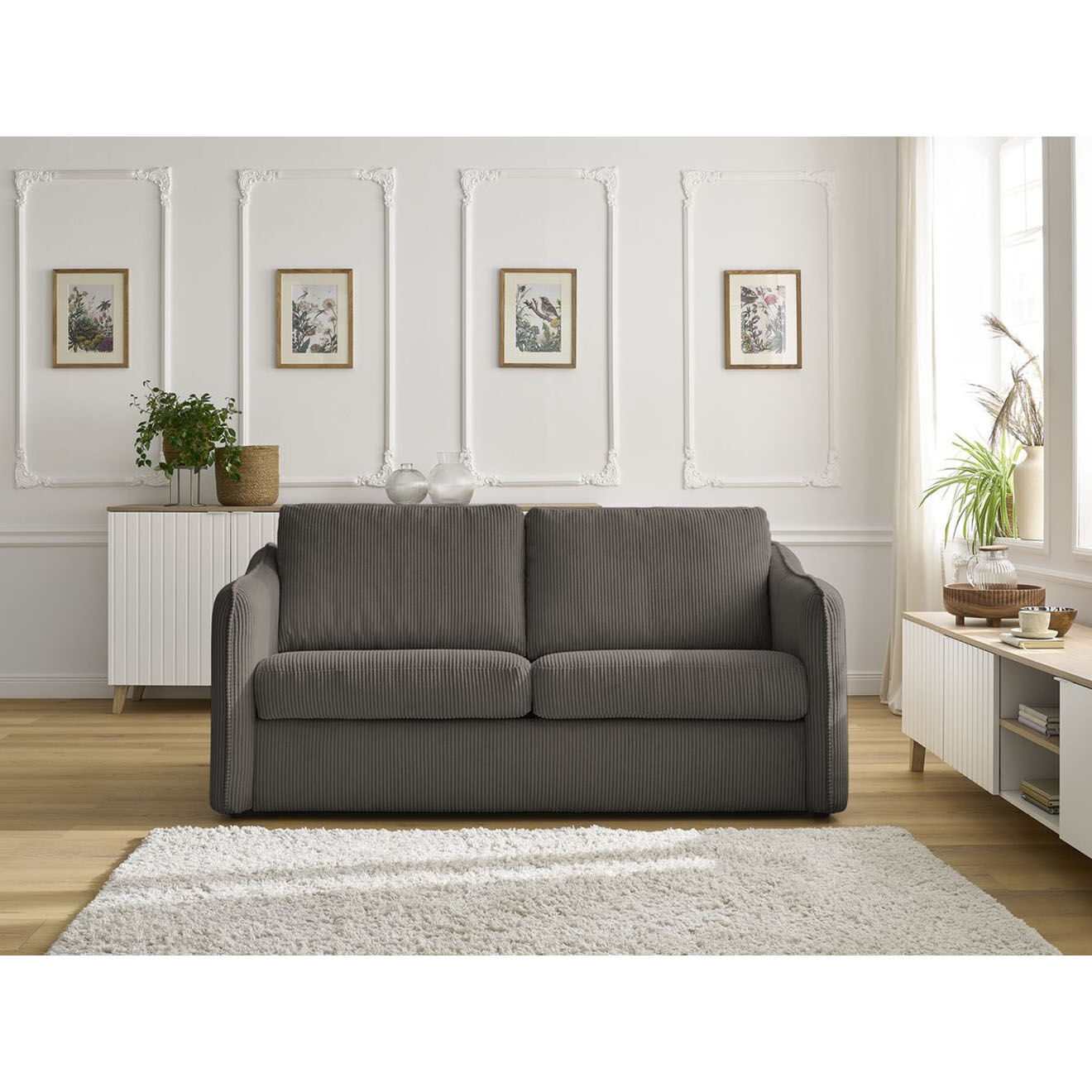 Bobochic Canapé droit convertible express en Velours côtelé 3 places Lenny taupe - 178x102x89 cm