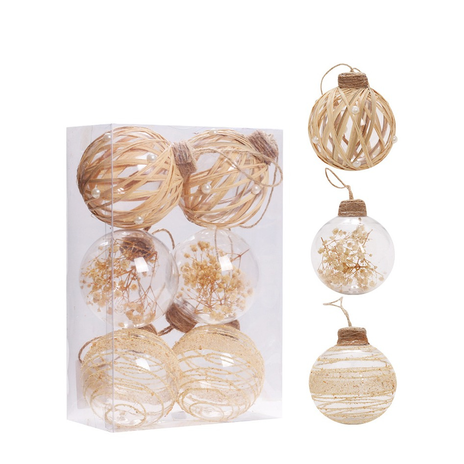 (6er Set) Ø8cm Christbaum Schmuck Gefüllte Boho Weihnachtskugeln Transparente Schnur Tannenbaum Anhänger Home Deko - Blumen