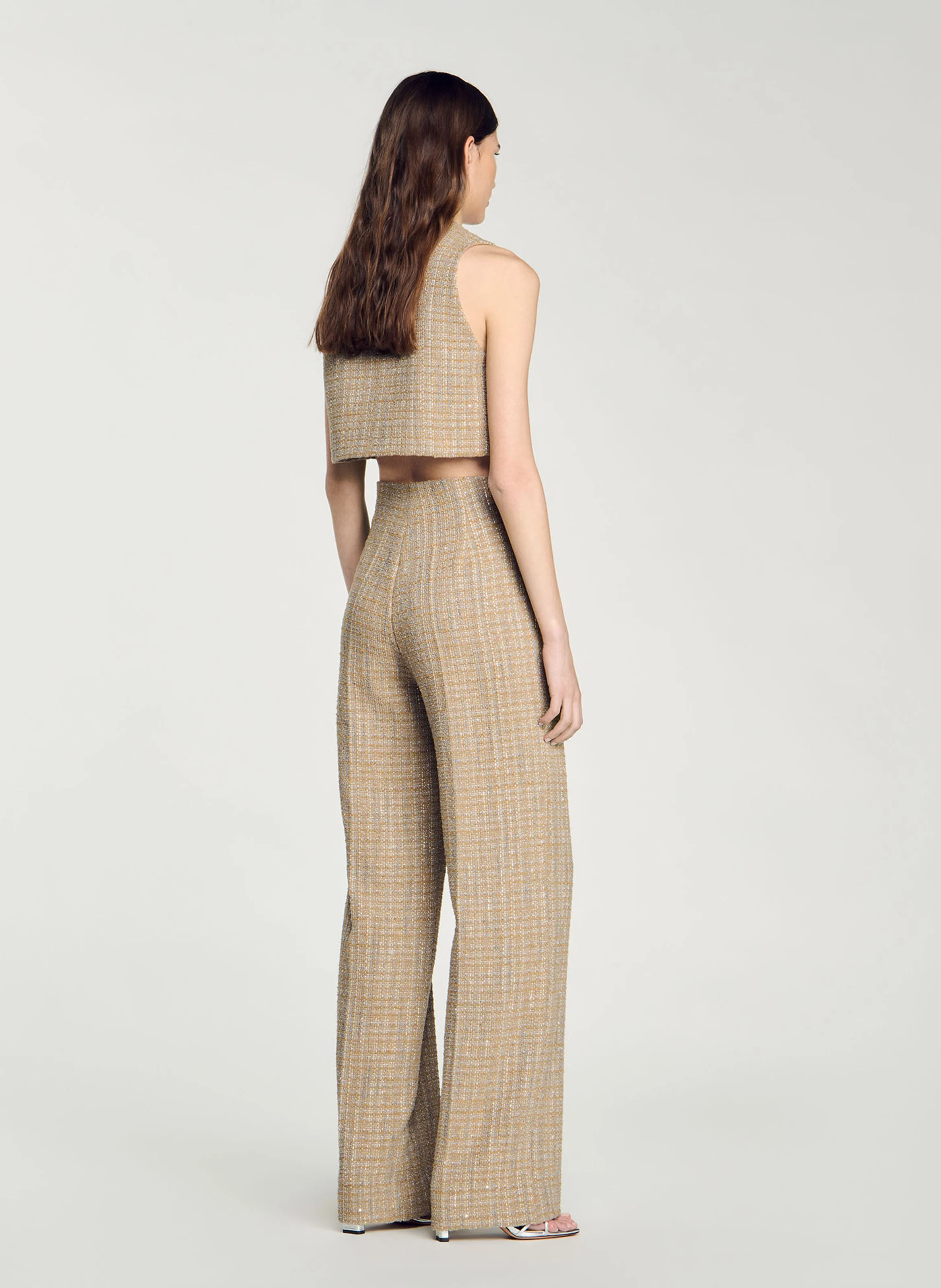Pantalon en tweed droit taille haute | Marron