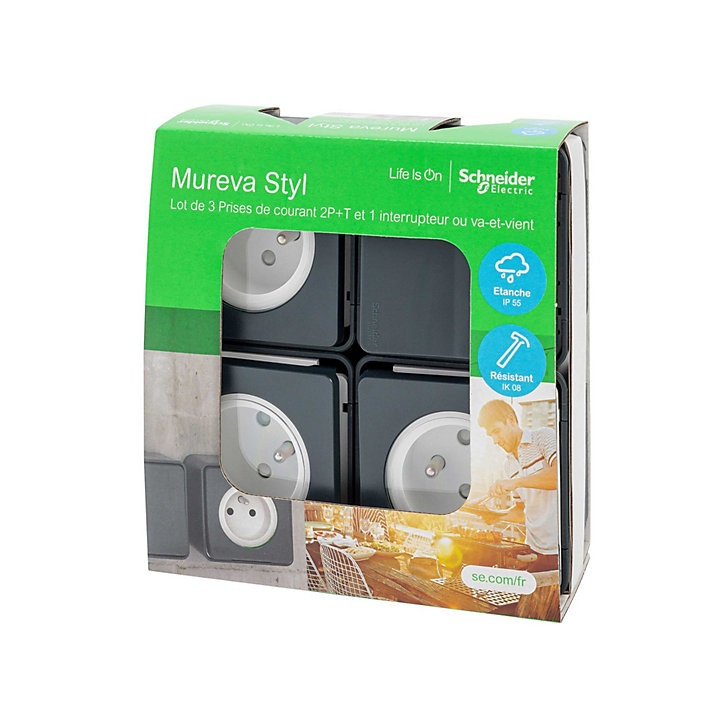 3 prises avec terre + 1 interrupteur va-et-vient Schneider Electric Mureva Styl gris anthracite, lot