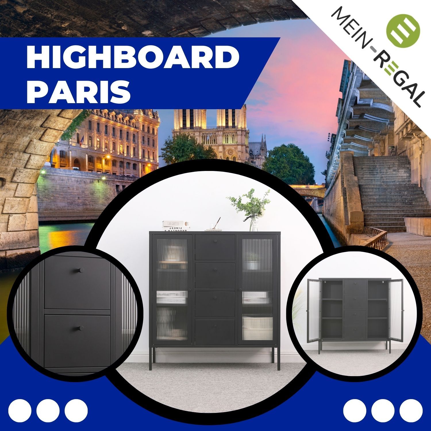 Mein-Regal Highboard Paris 105x35x110cm Metall 4 Schubladen Glastüren schwarz