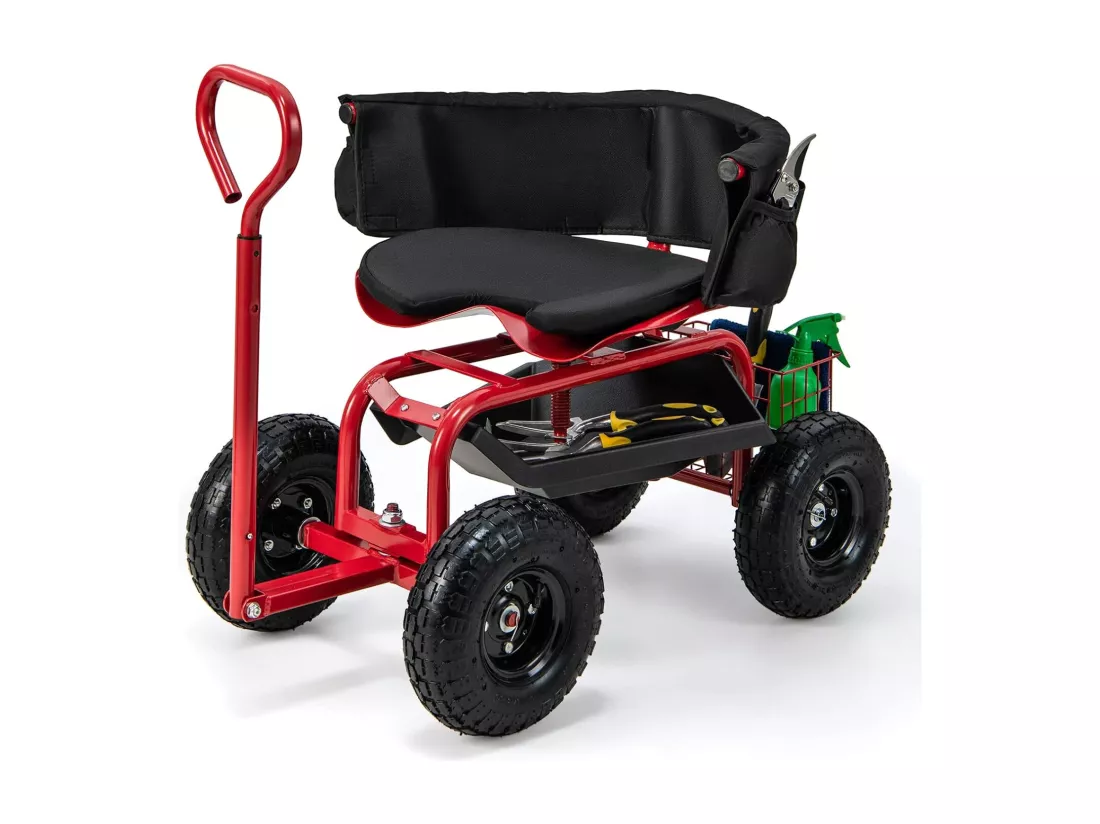 Siège de Jardin Roulant pour Travail avec Poignée Extensible, Chariot Jardinage avec Siège Pivotant à 360° Plateau Panier de Rangement Coussin Charge 135KG, pour Pelouse Atelier