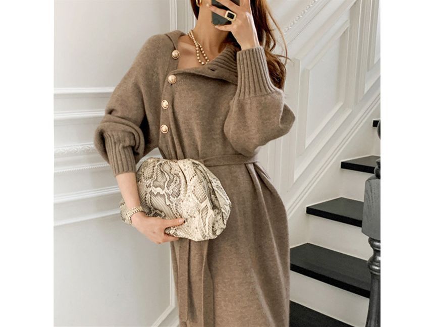 Yupina - Effen coltrui-midi-jurk met sashed-hals