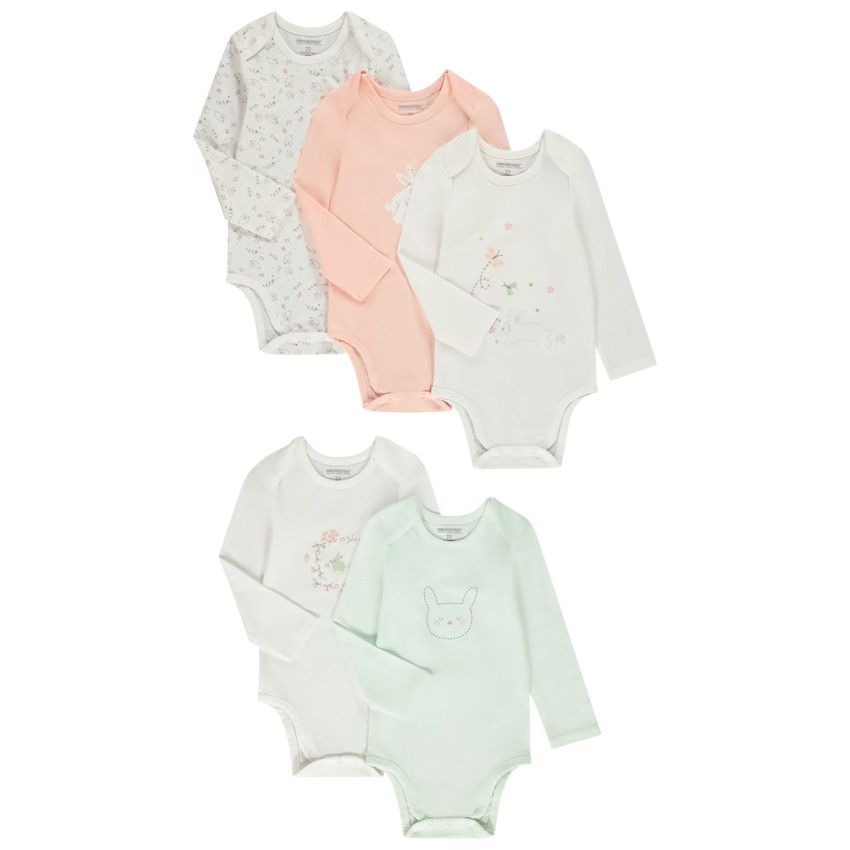 Lot de 5 bodies manches longues en jersey pour bébé fille - Ecru