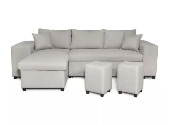 Canapé d'angle MADY convertible avec coffre, accoudoir étagère et poufs droit en tissu beige