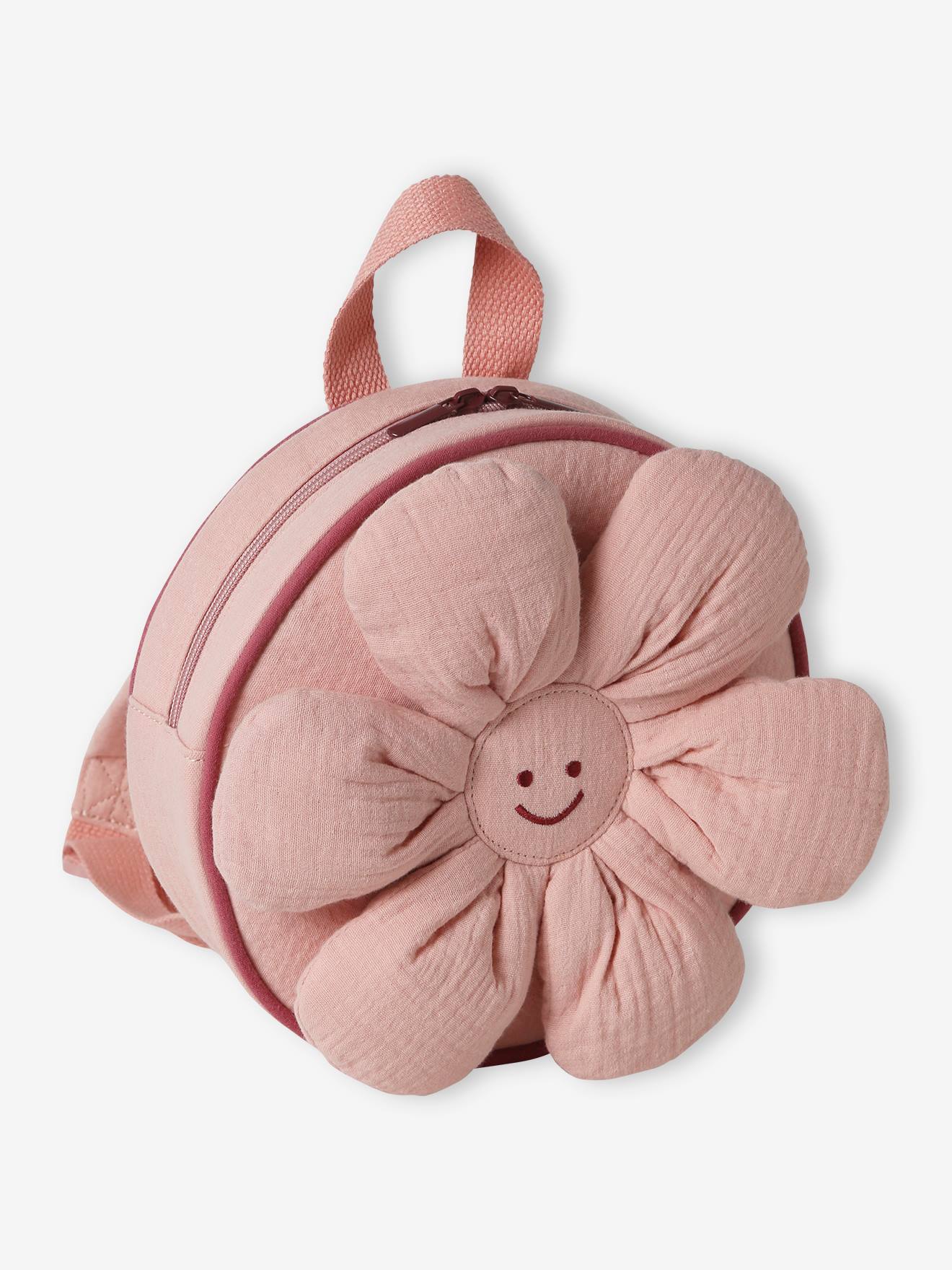 Mochila de gaze de algodão com estampa de flores para menina, ideal para pré-escola, cor rosa antigo.