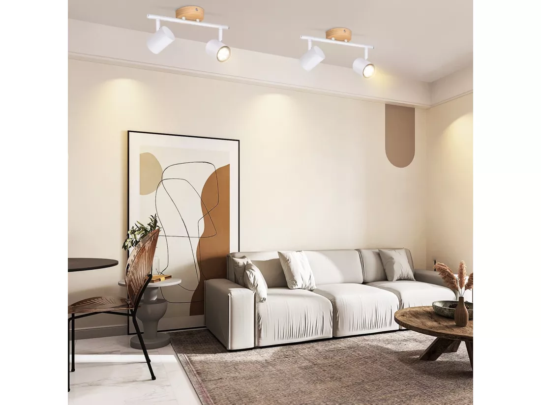 NETTLIFE Plafonnier LED 2 flamme - Blanc Plafonnier GU10 Spot pivotant Applique murale en bois Spot mural pour salon chambre Sans ampoule