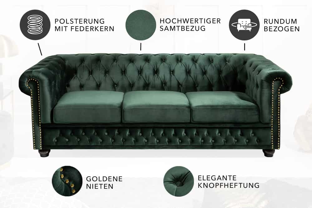 Chesterfield 3-Sitzer Sofa 205cm flaschengrün Samt Federkern Knopfheftung