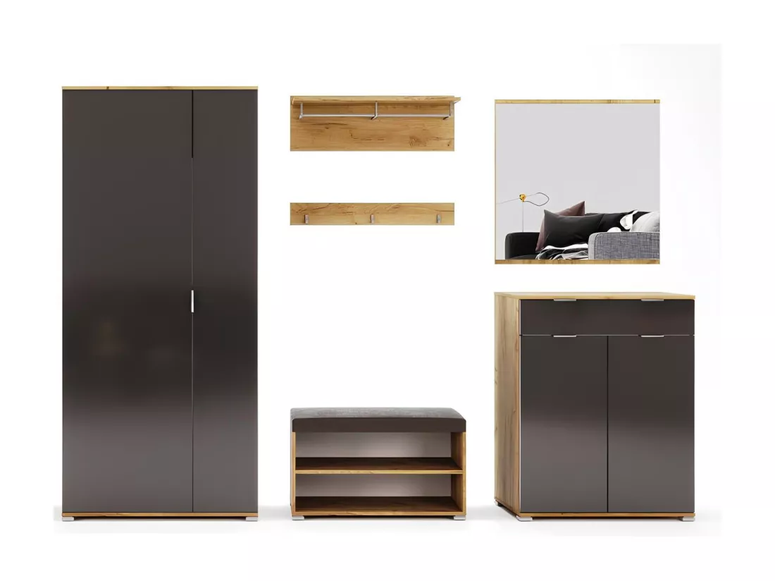 Ensemble d'entrée vestiaire avec miroir, commode, armoire et banc chaussures LUNE chêne-lave 2,2 m