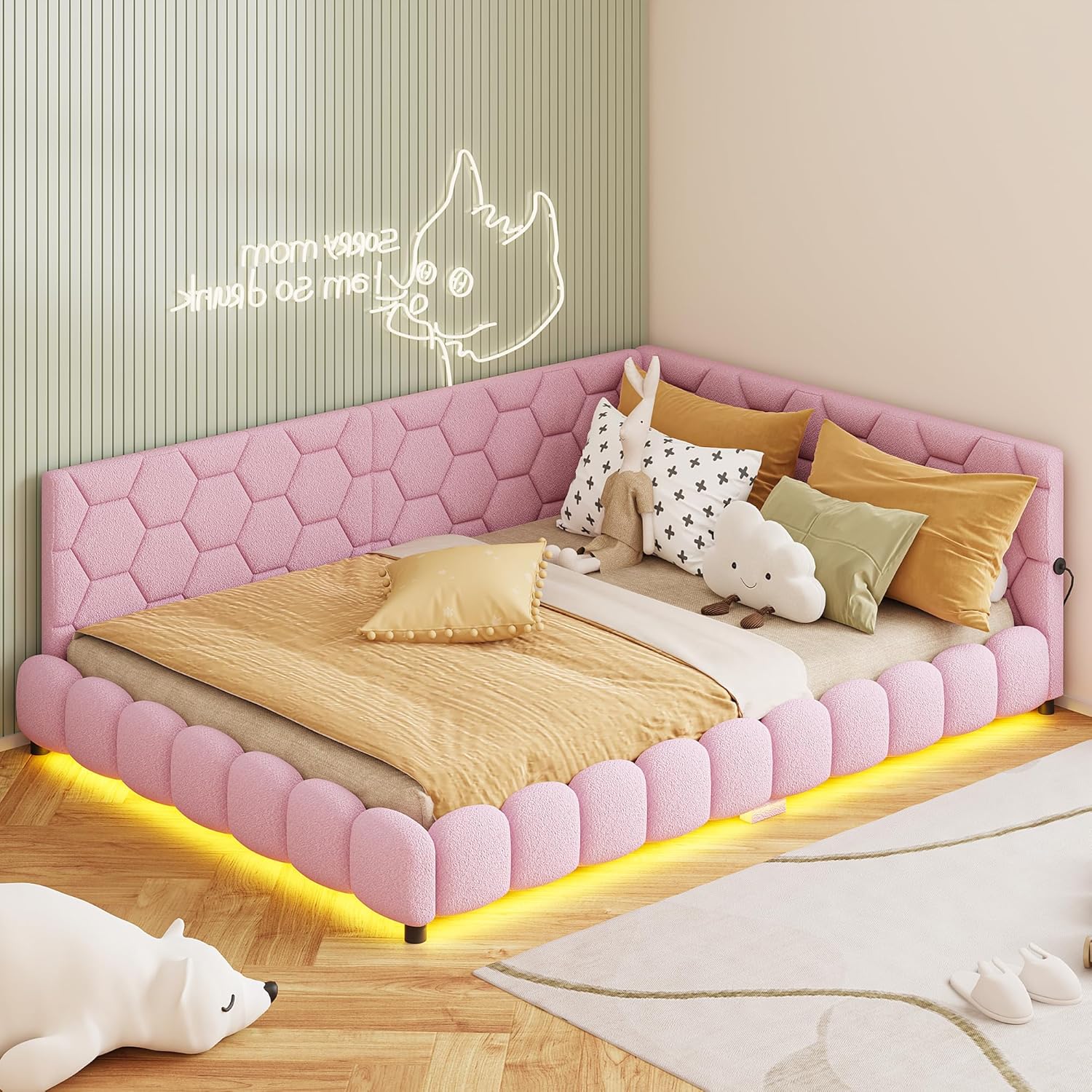 Polsterbett Schlafsofa 140x200cm, mit Umgebungslicht und USB-Anschluss, Kinderbett mit Lattenrost, Funktionsbett, Jugendbett,Lammwollmaterial, Rosa