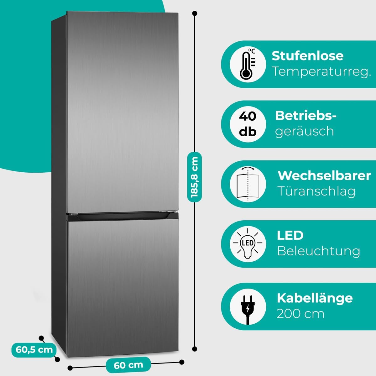 Bomann® XXL Kühlschrank mit Gefrierfach 186cm | 60cm breit | Kühlschrank mit Gefrierfach freistehend | Kühlgefrierkombi 4 Ablagen | Türanschlag wechselbar | 40db | Refrigerator KG 7357 inox