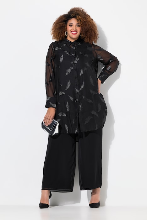 Longbluse, Chiffon, Metallic-Federn, Hemdkragen, Langarm