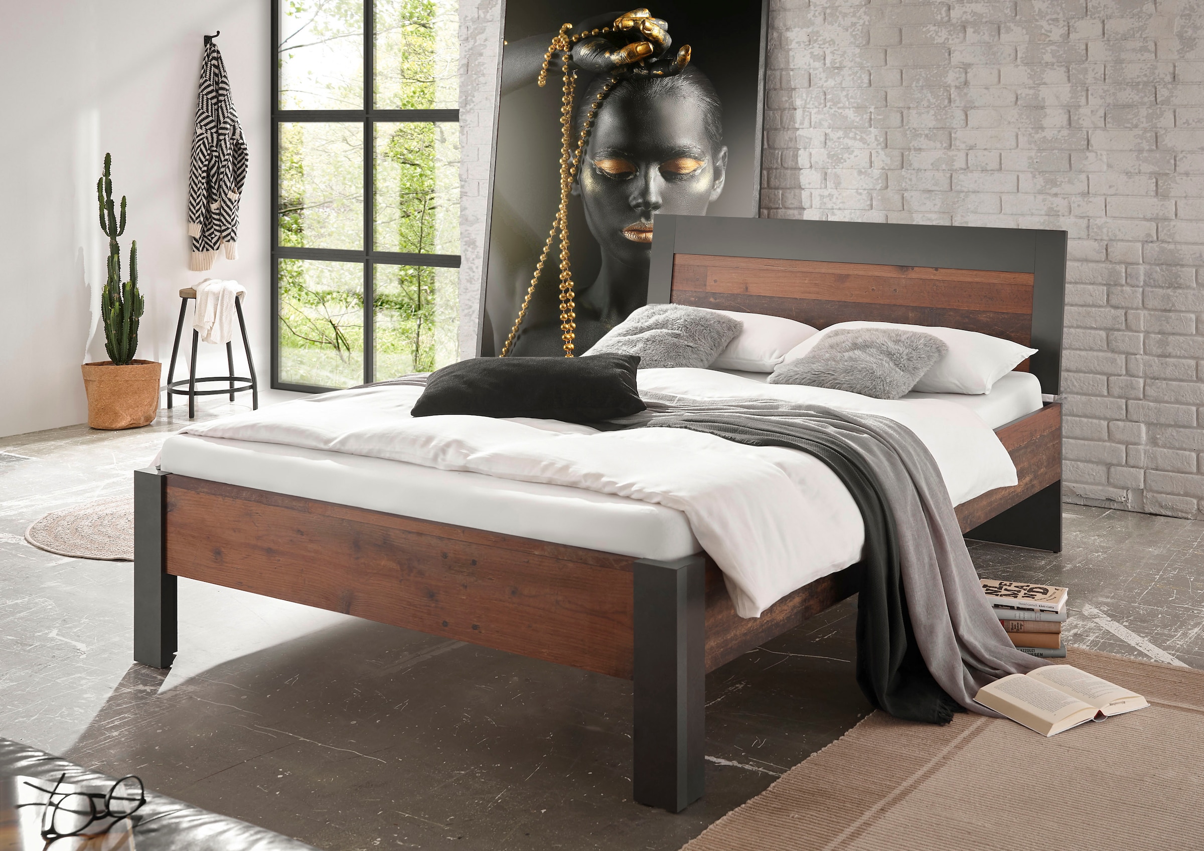Home affaire Einzelbett »BROOKLYN Bett im Industrial Design, Bettgestell, Bettrahmen« Kopfteil in dekorativer Rahmenoptik, Liegefläche 140 x 200 cm
