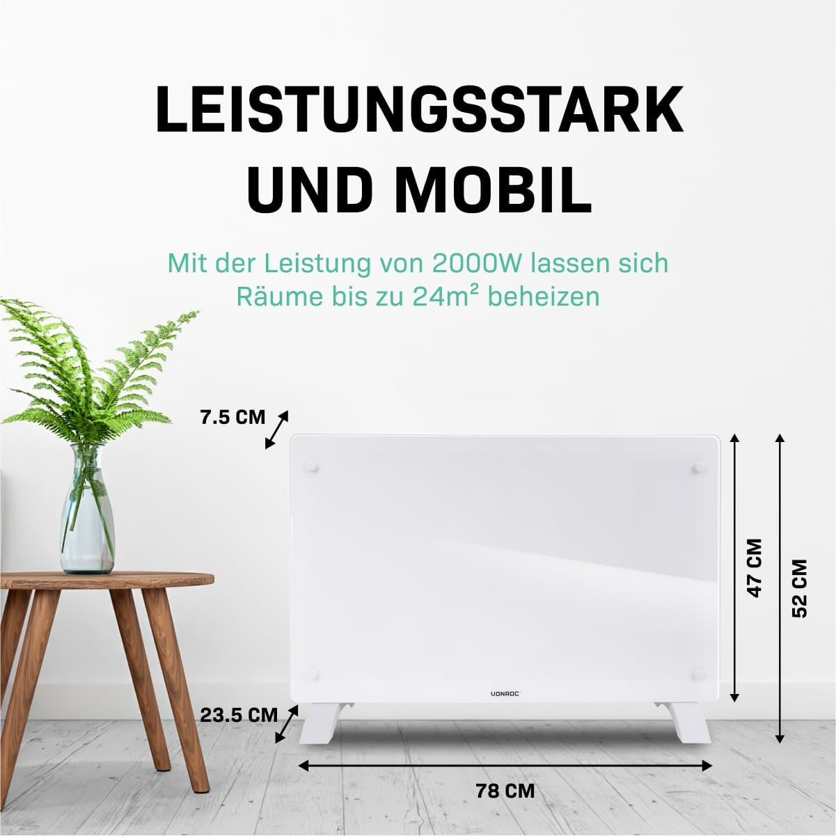 VONROC Elektroheizung energiesparend 2000W - Konvektor Heizung [24qm Räume] - Mobile Elektrische Heizung [App/Touch Steuerung] - Heizkörper 2in1 Wand-/Bodenmontage - Weiss