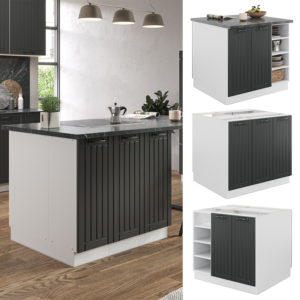 Vicco Kücheninsel Küchenblock Einbauküche Fame-Line Landhaus Weiß Dunkelgrau 90 cm Küchen Schränke Regalunterschrank Küchenunterschrank Regalinselunterschrank Softclose-Scharnier Küchenmöbel