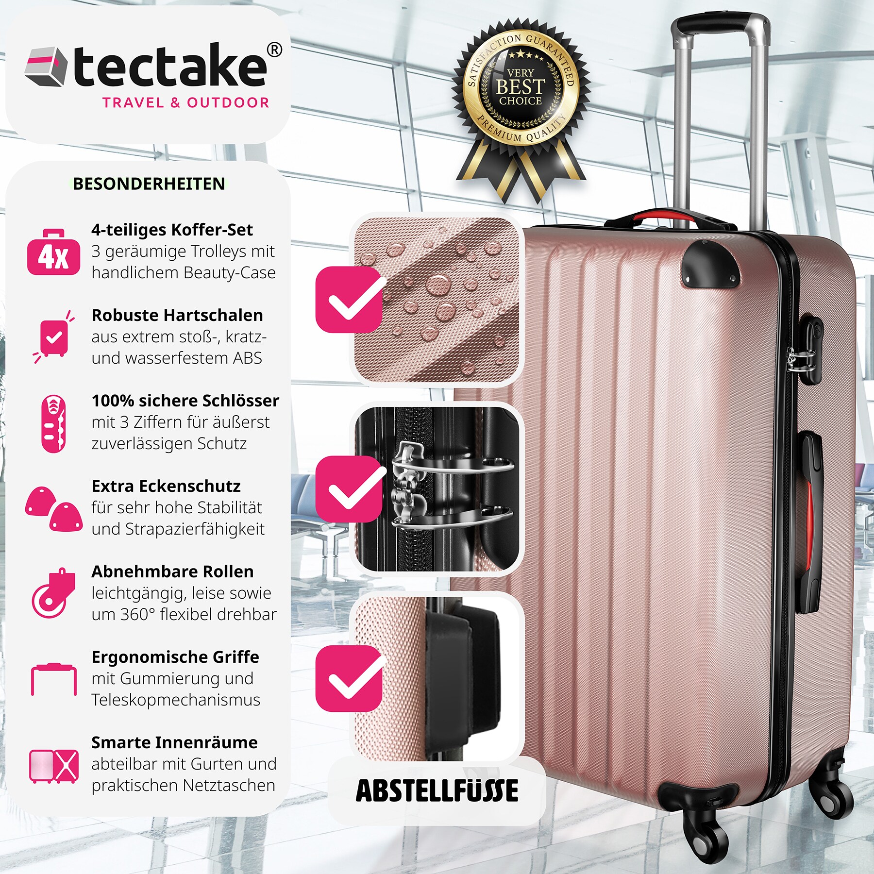 tectake® Hartschalenkoffer-Set, 4-teilig, 3 Trolleys und Beauty-Case aus robustem ABS-Kunststoff, abteilbarer Innenraum, mit Sicherheits-Zahlenschloss