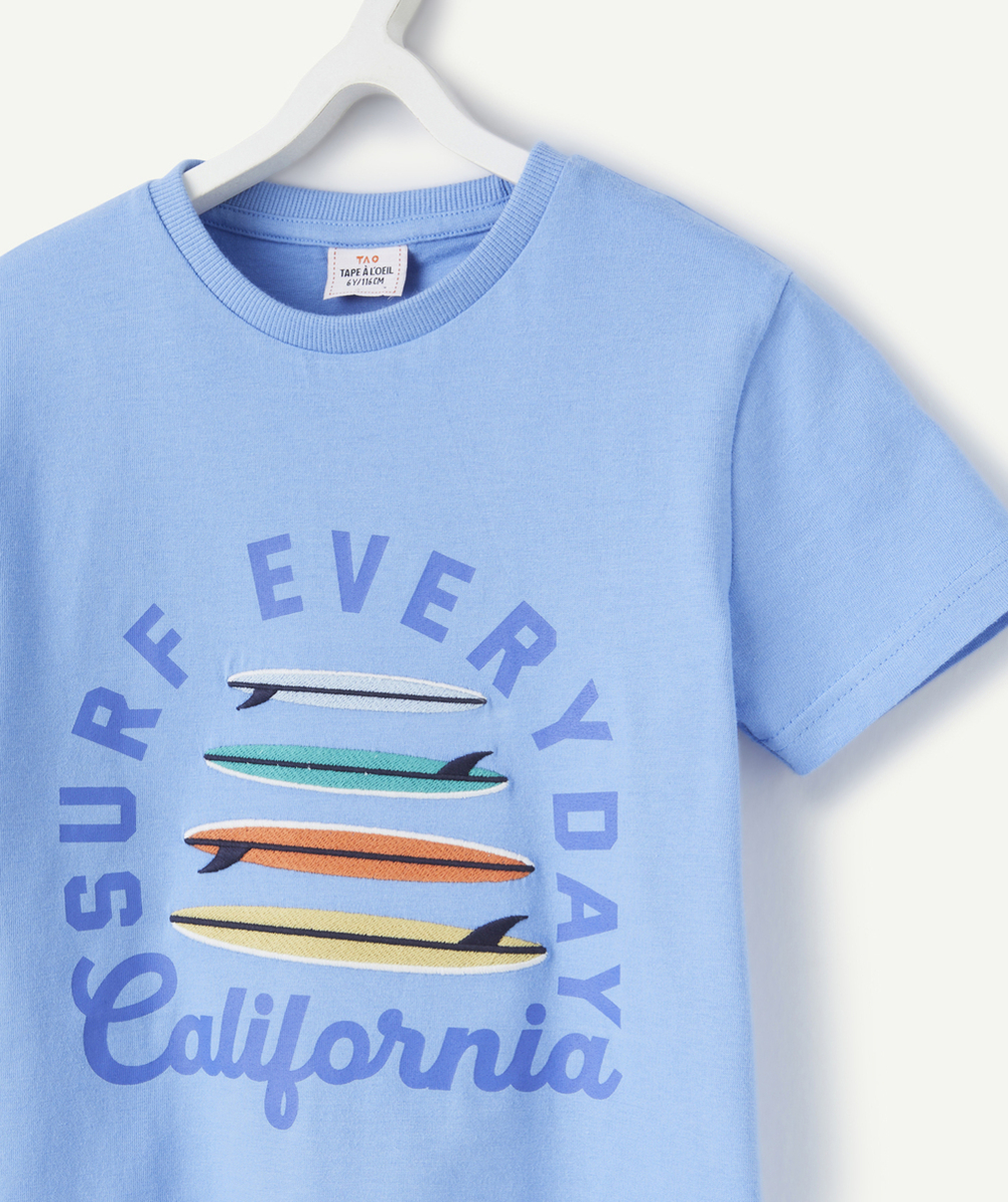 t-shirt manches courtes garçon en coton bio bleu avec surfs brodés