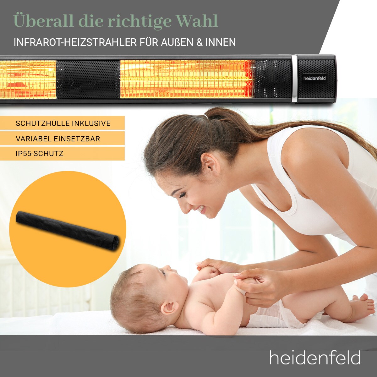 Heidenfeld Infrarot-Heizstrahler IH110, 1000-3000 Watt, Fernbedienung, Schutzhülle, 180° neigbar