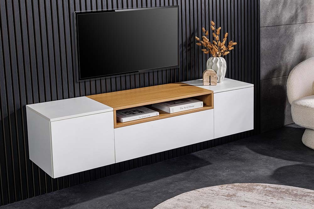 Hängendes TV-Board LOFT 160cm weiß natur drei Fächer mit Schublade