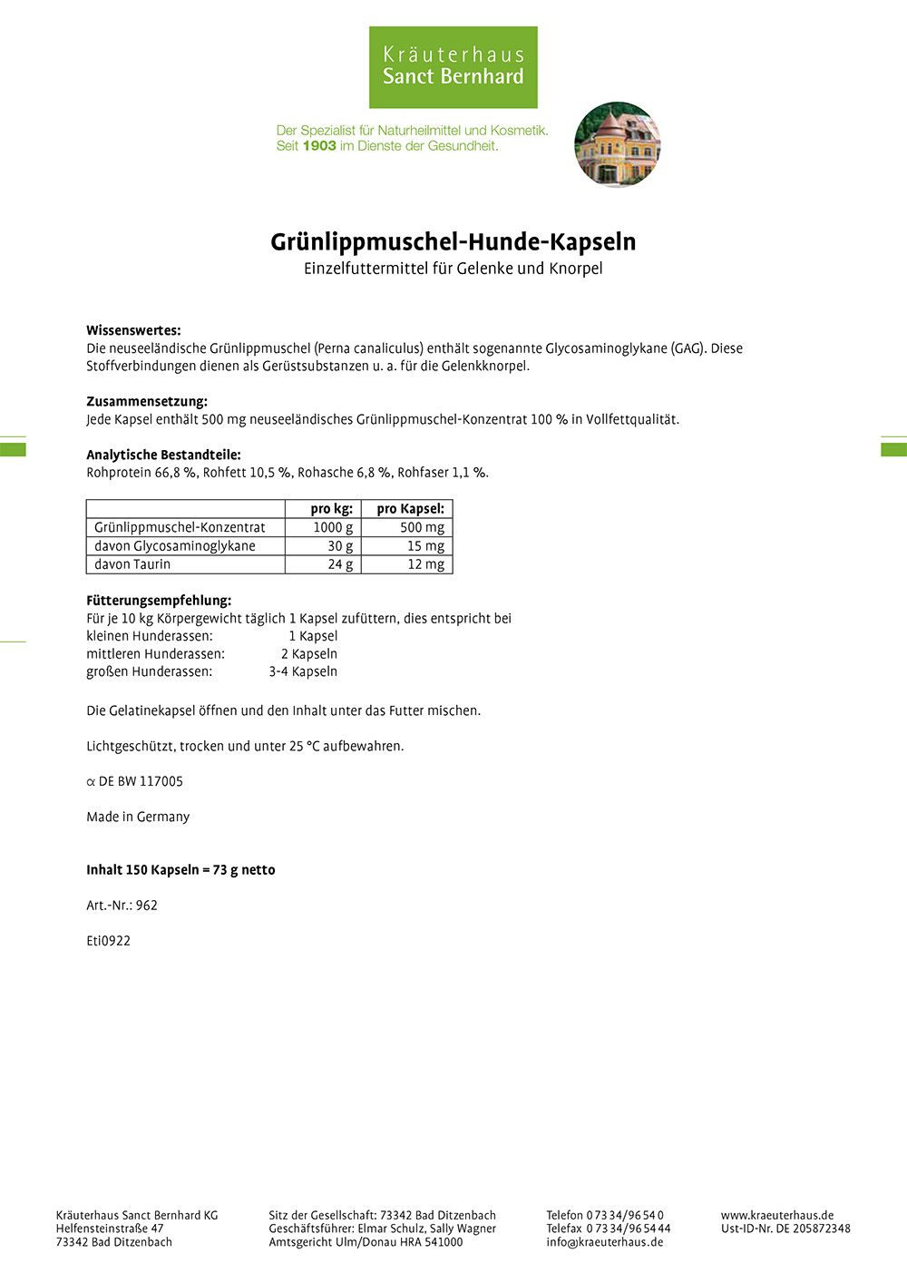 Sanct Bernhard tierlieb Grünlippmuschel Hunde-Kapseln