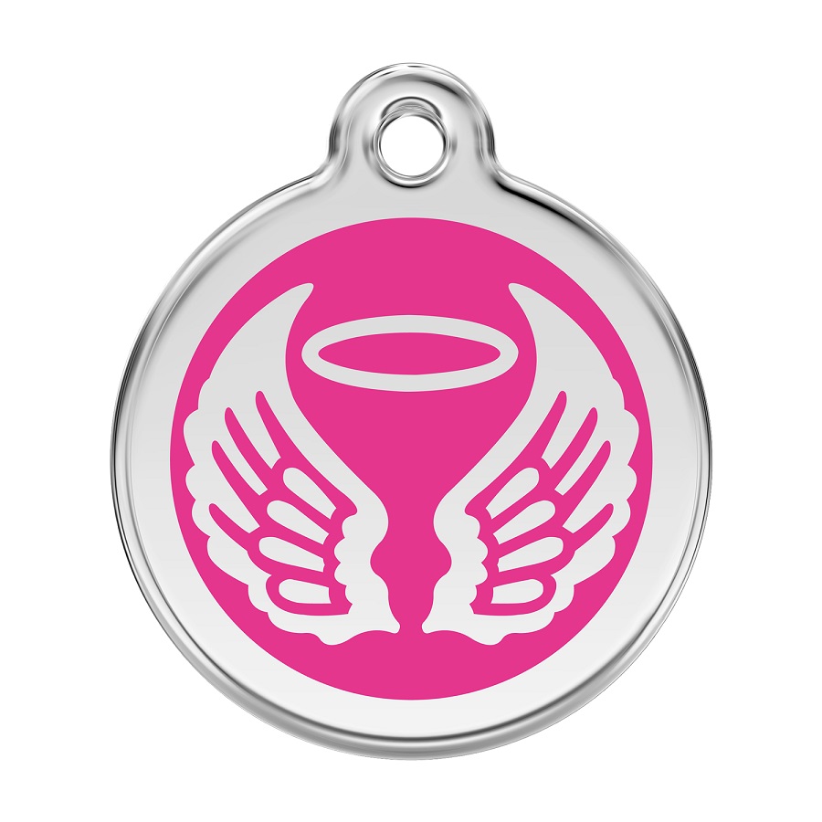 Placa de identificação para cães em aço inoxidável esmaltado com asas de anjo rosa-choque.