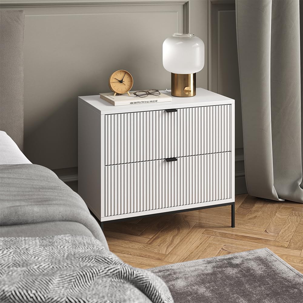 Vicco Nachttisch Eliza, Nachtkommode, Weiß, 66 x 60 cm mit 2 Schubladen