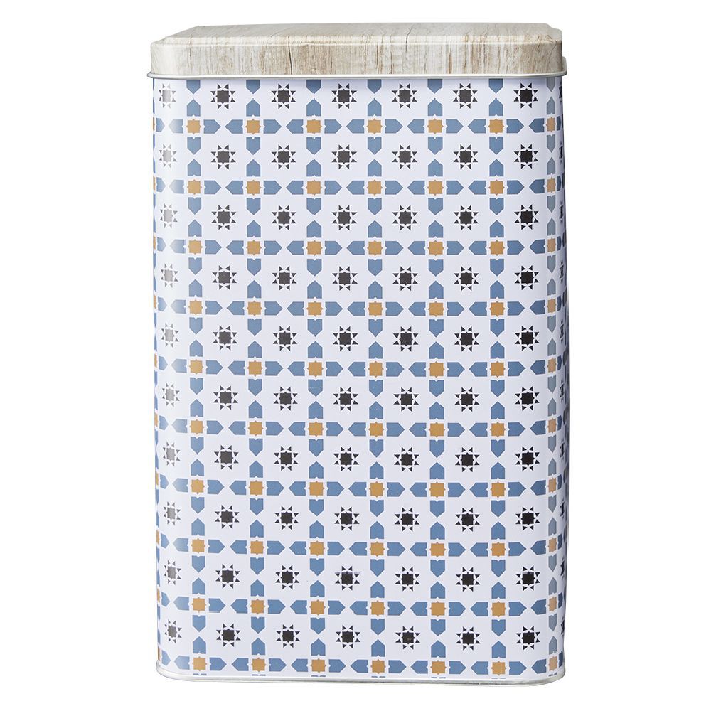 Boîte en métal décor carreau de ciment avec couvercle effet bois