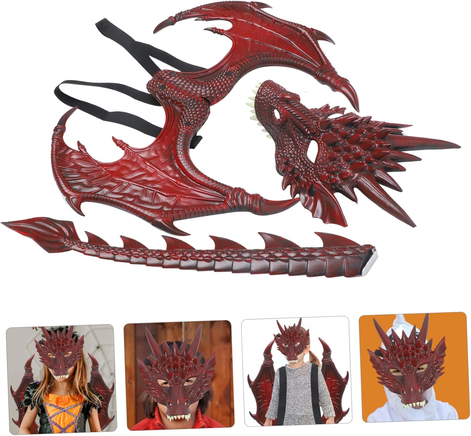 (3-tlg. Set) Fasnachts Kinder Kostüm Drachen Verkleidung für Motto Partys / Halloween inkl. Maske / Flügel / Schwanz - Rot