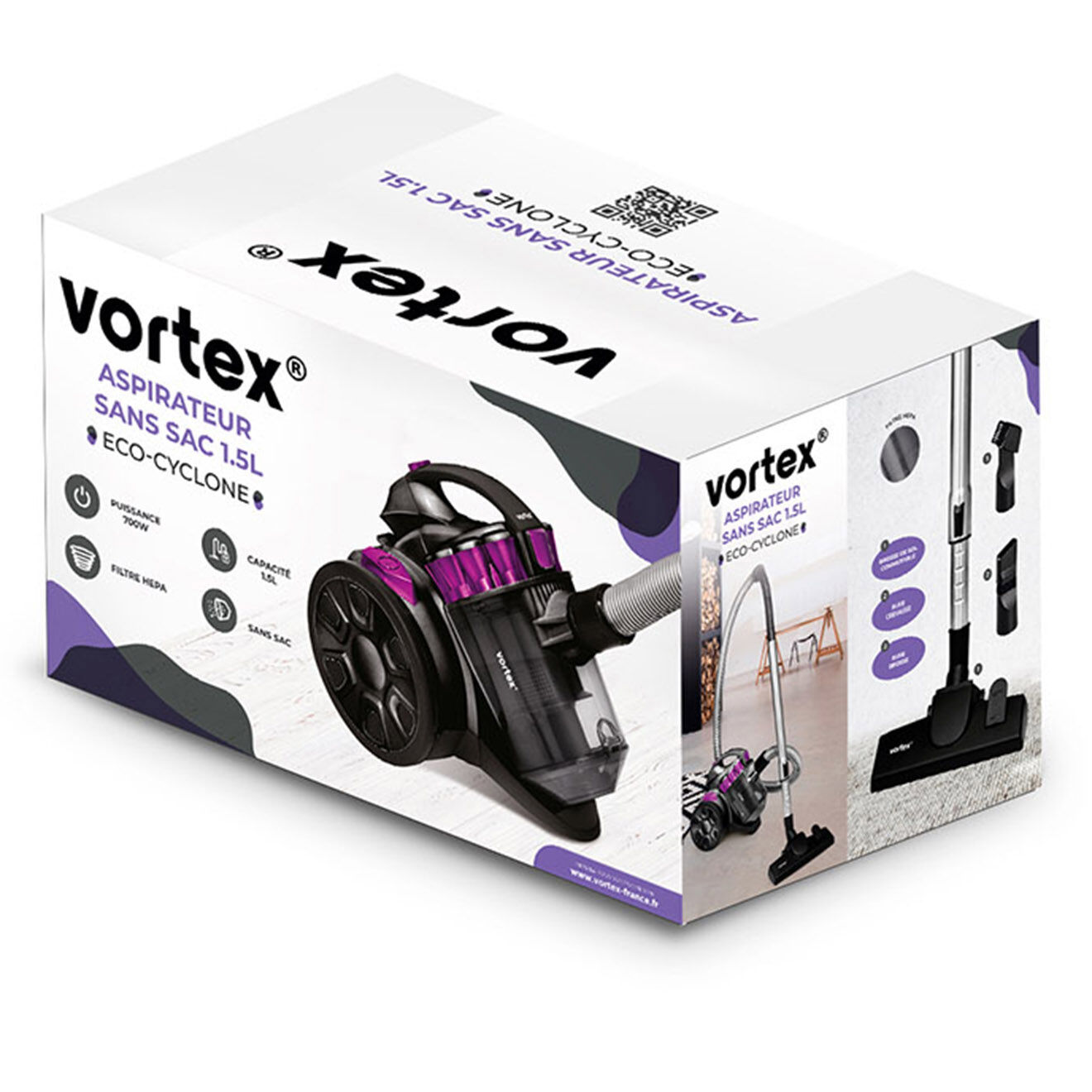 Vortex Aspirateur traineau sans sac avec brosse pour animaux noir