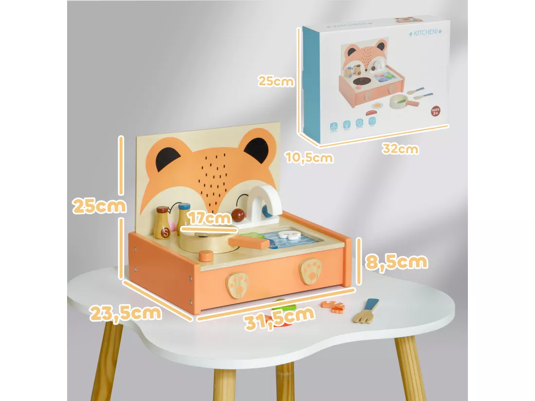 Mini-cuisine en bois cuisine enfant motif renard jouet d'imitation pour enfant avec 12 accessoires poêle spatule condiments fruits légumes - pour 3-5 ans