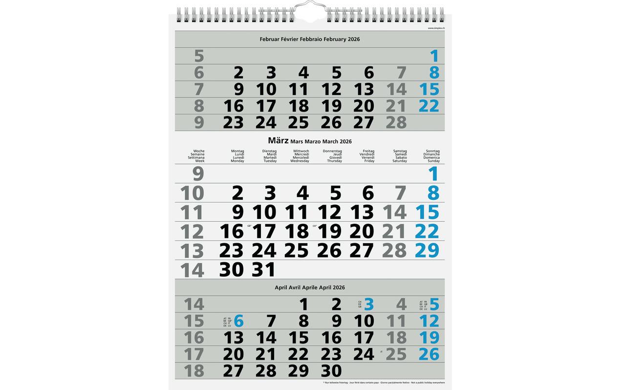 3-Monatskalender mit Spiralbindung 2026, 31 x 40 cm, BlauWandkalender