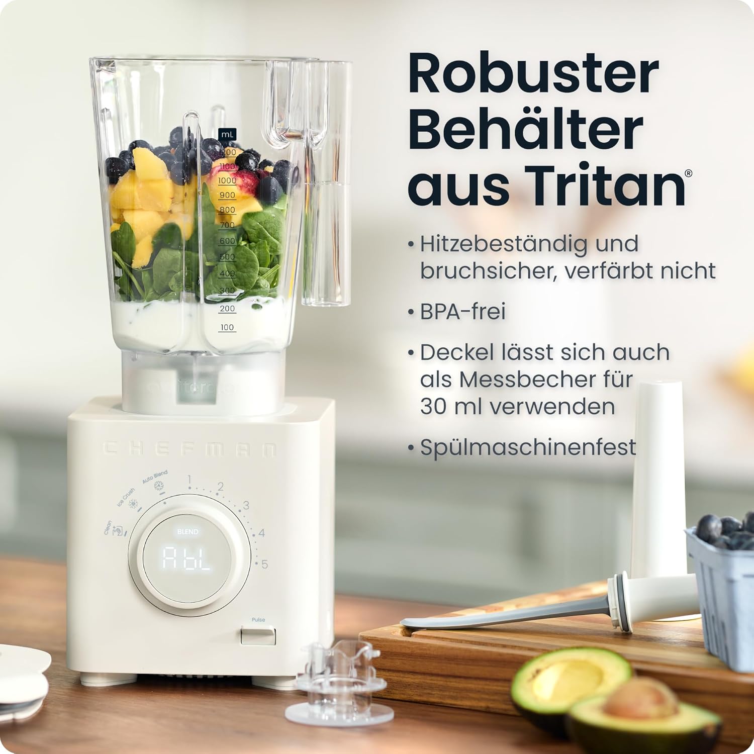 Chefman Obliterator 1.2L Standmixer für Smoothies, 1350W Motor zum Zerkleinern von Eis, Nüssen und gefrorenen Früchten mit Edelstahlklinge, Auto Blend Funktion, inkl. 600ml Reisebehälter – Betongrau