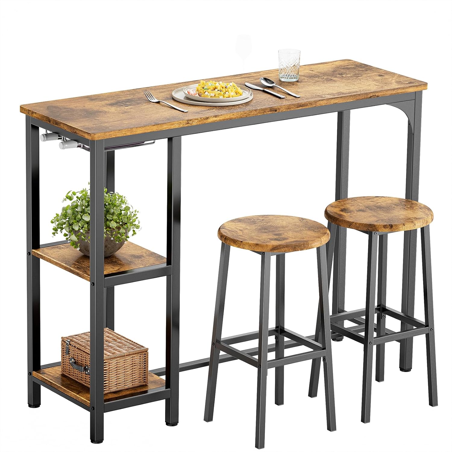 Bealife Bartisch mit Barhocker-Set für 2 Personen, Kneipentisch-Set mit 2 Ablagen und Glashalter, Küchen-Bartisch-Set für Küche, Wohnzimmer, Esszimmer (Retro) SK1280209