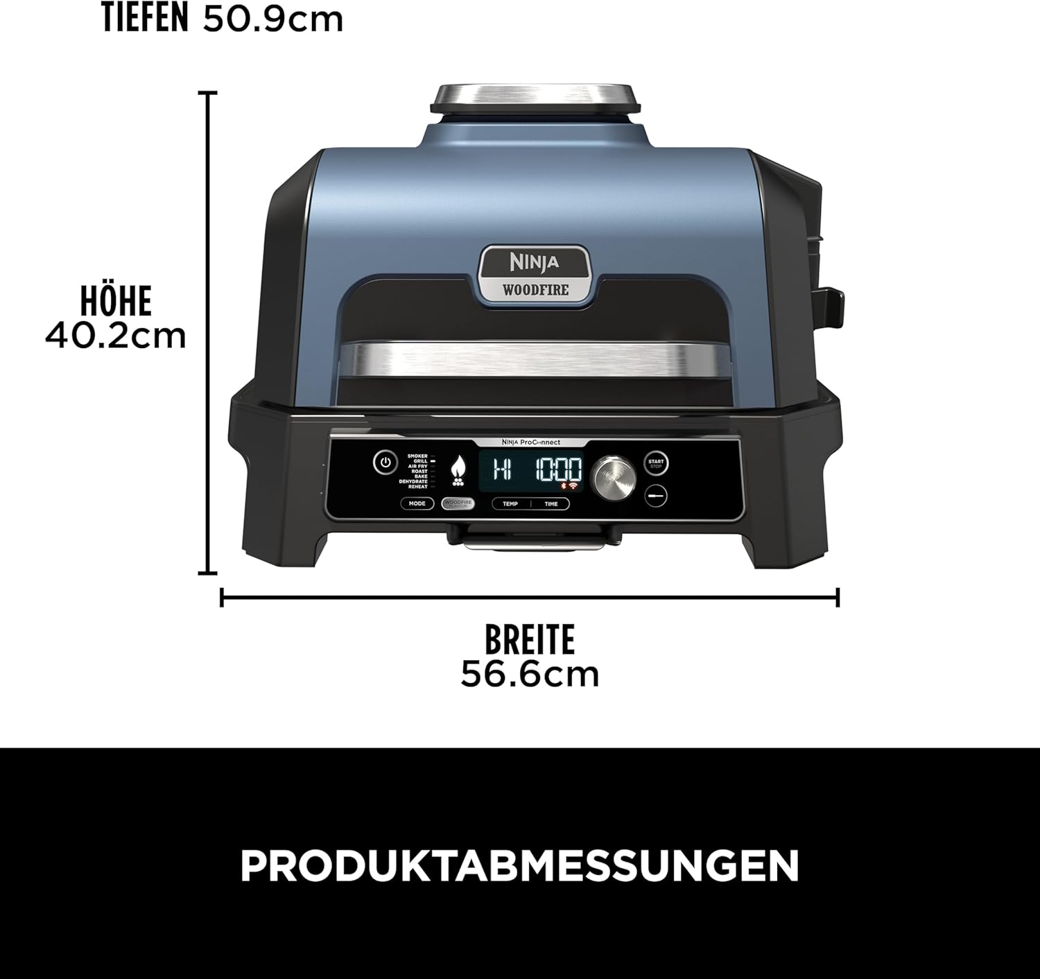 Ninja Woodfire Pro Connect XL Elektrischer BBQ Smoker Grill, App-Steuerung, digitaler Temperaturfühler, Rippenrost, Deckel, großer 7-in-1 Outdoor Grill & Heißluftfritteuse, blau & schwarz OG901EUAMZ