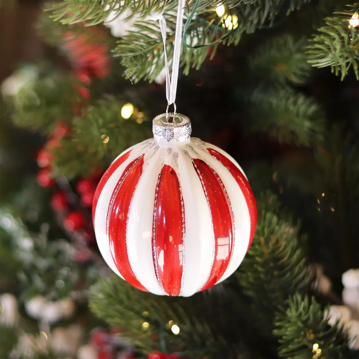Lot de 3 boules de Noël en verre (D80 mm) Cotelées Rouge