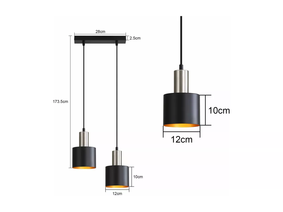 NETTLIFE Suspension table à manger E27 lampe suspendue vintage suspendue 2 ampoules noir doré