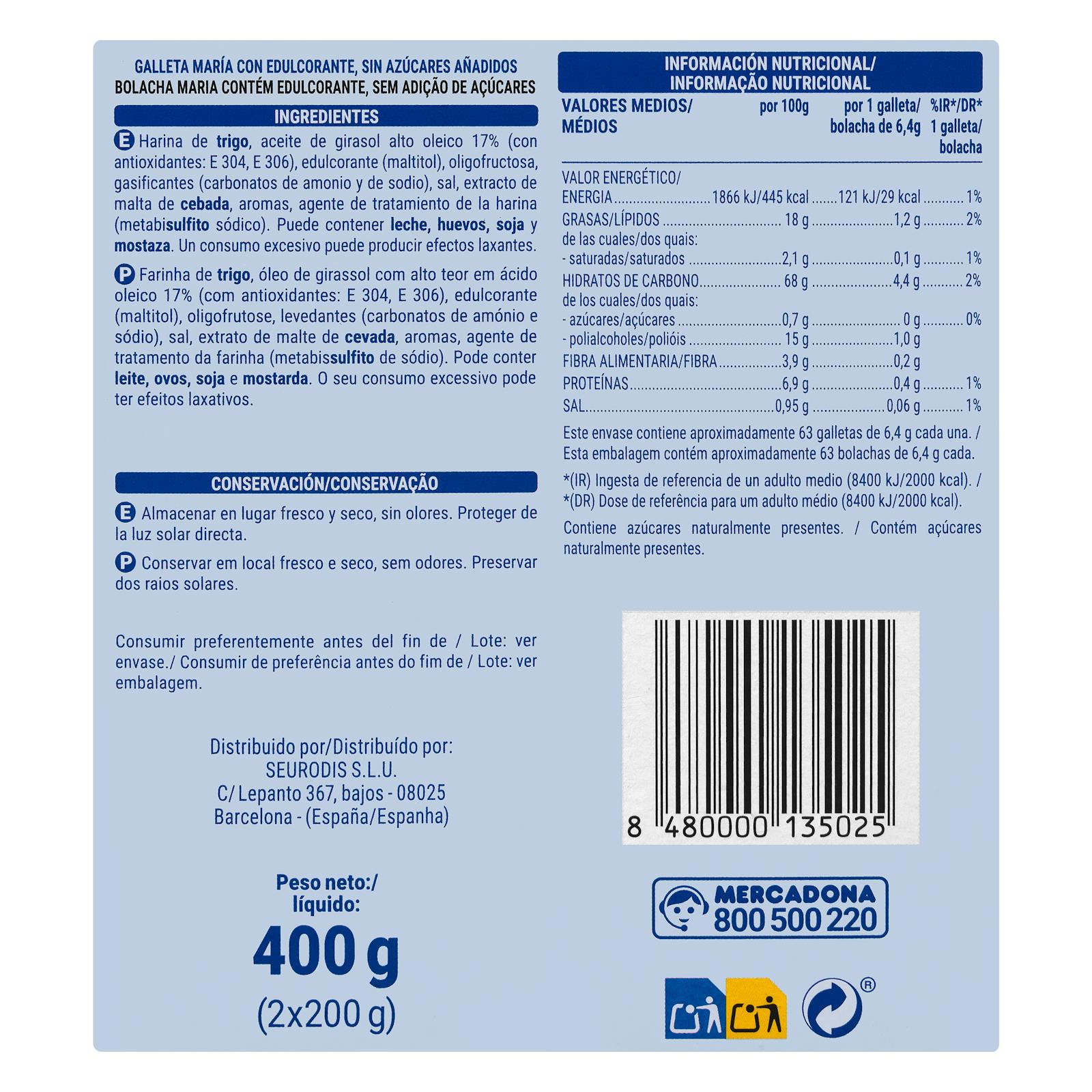 Biscuits Hacendado Golden Maria 0% de sucres ajoutés