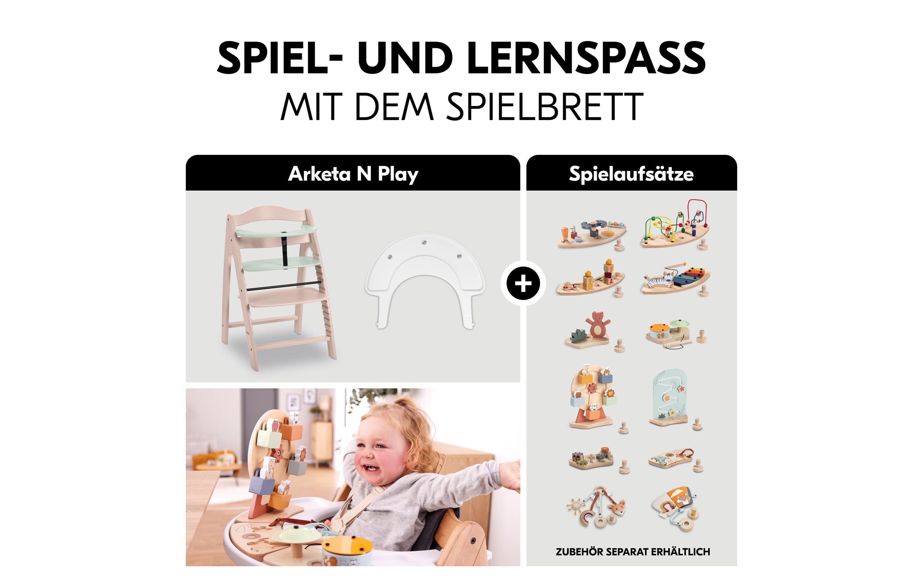 Hochstuhl Arketa N Play Whitewashed-mint<br>Stilvoller Holzhochstuhl mit Play Tray im Set