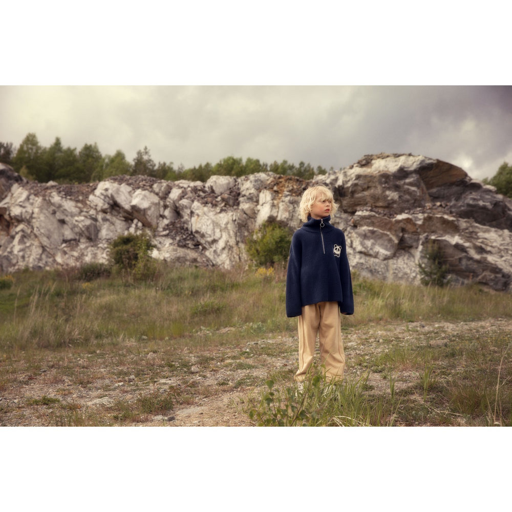 Køb Mini Rodini Blue Panda Patch Chunky Strik Half Zip Sweater