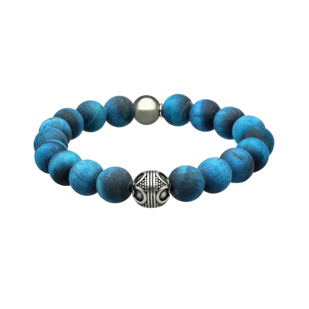 Bracelet Acier Pierres Naturelles Perles Rondes oeil De Tigre Bleu-Medium-18cm
