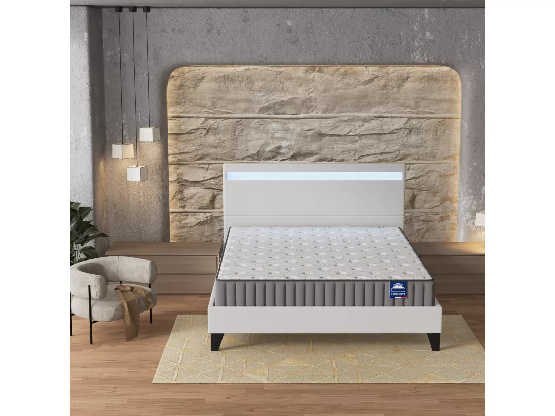Ensemble Matelas Mousse + Lit Avec Tête De Lit 140x190cm-22cm D’épaisseur Accueil Mémoire De Forme