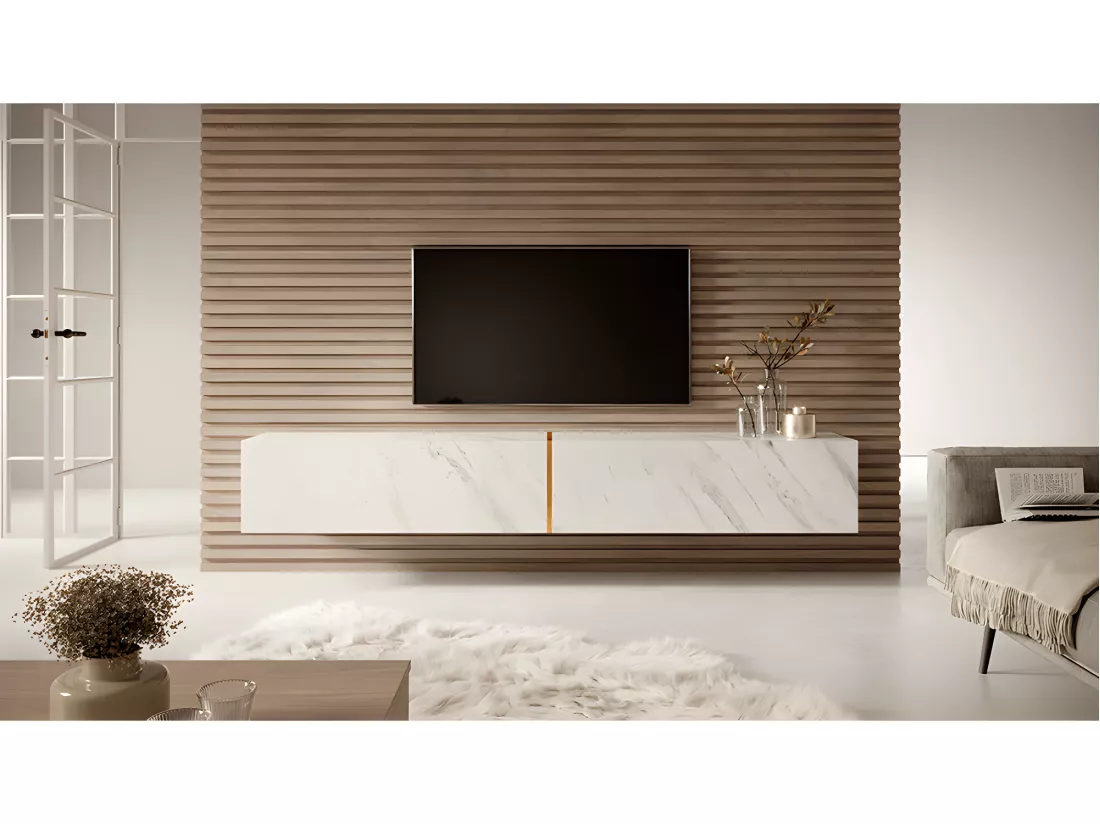 Meuble TV 200 cm - en marbre blanc avec insert doré - BISIRA