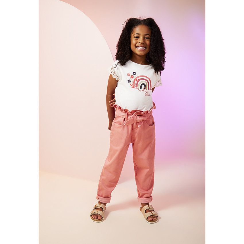 T-shirt manches courtes print arc-en-ciel et broderies pour fille - Ecru