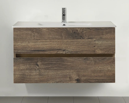 Pelipal Napoli badkamermeubelset (B x H x D 90 x 53,5 x 46,5 cm), frontkleur eiken ribbeck, met keramische wastafel in wit, SET-150-041