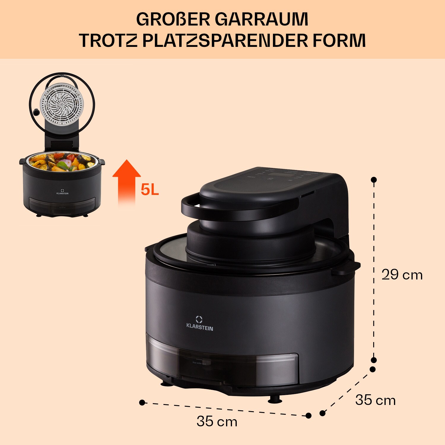 Vendure Heißluftfritteuse mit Dampffunktion 1250W 5 Liter 6 Programme Schwarz